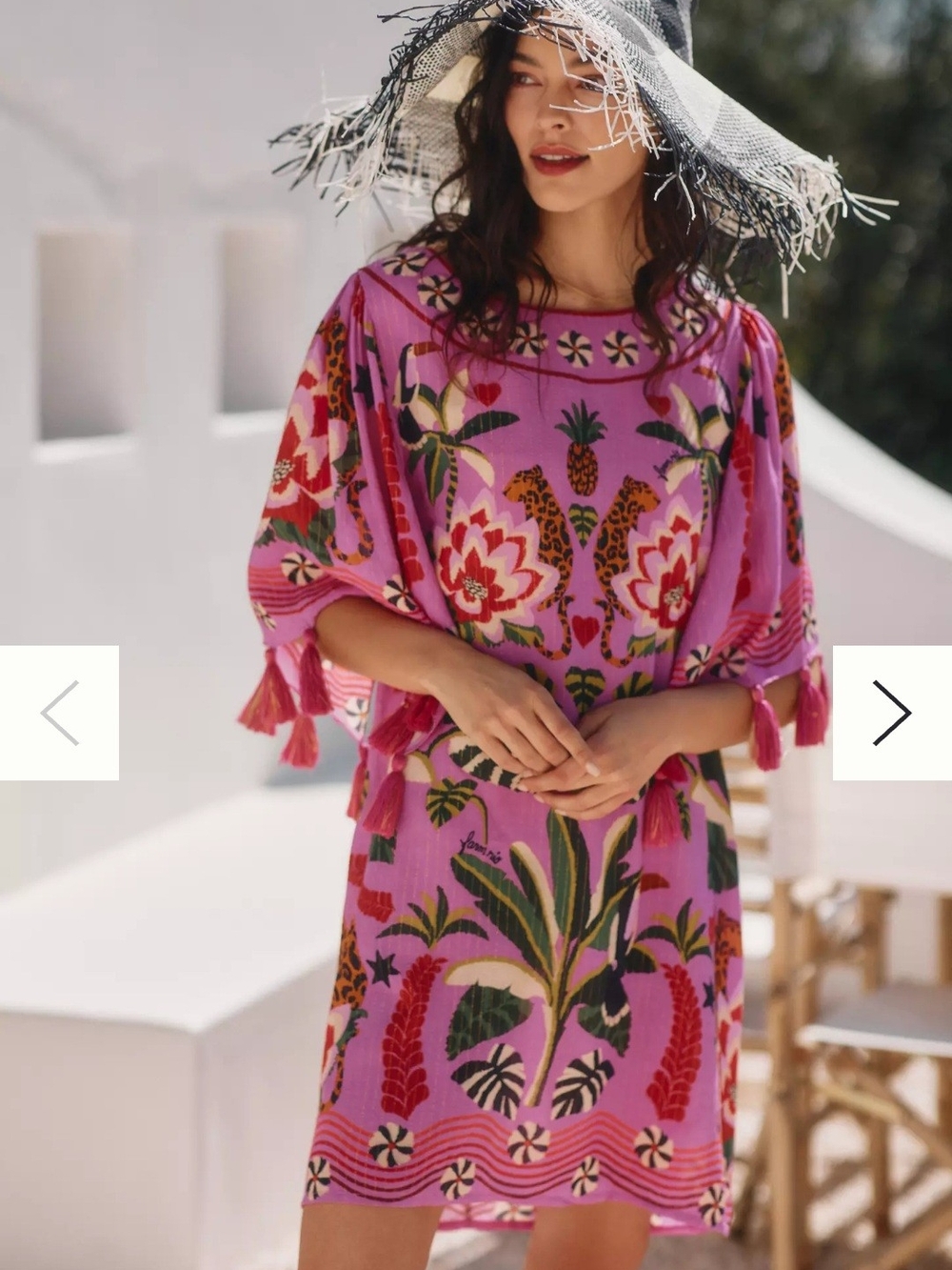 Vibrant Pink Tropical Print Tassel Sleeve Dress